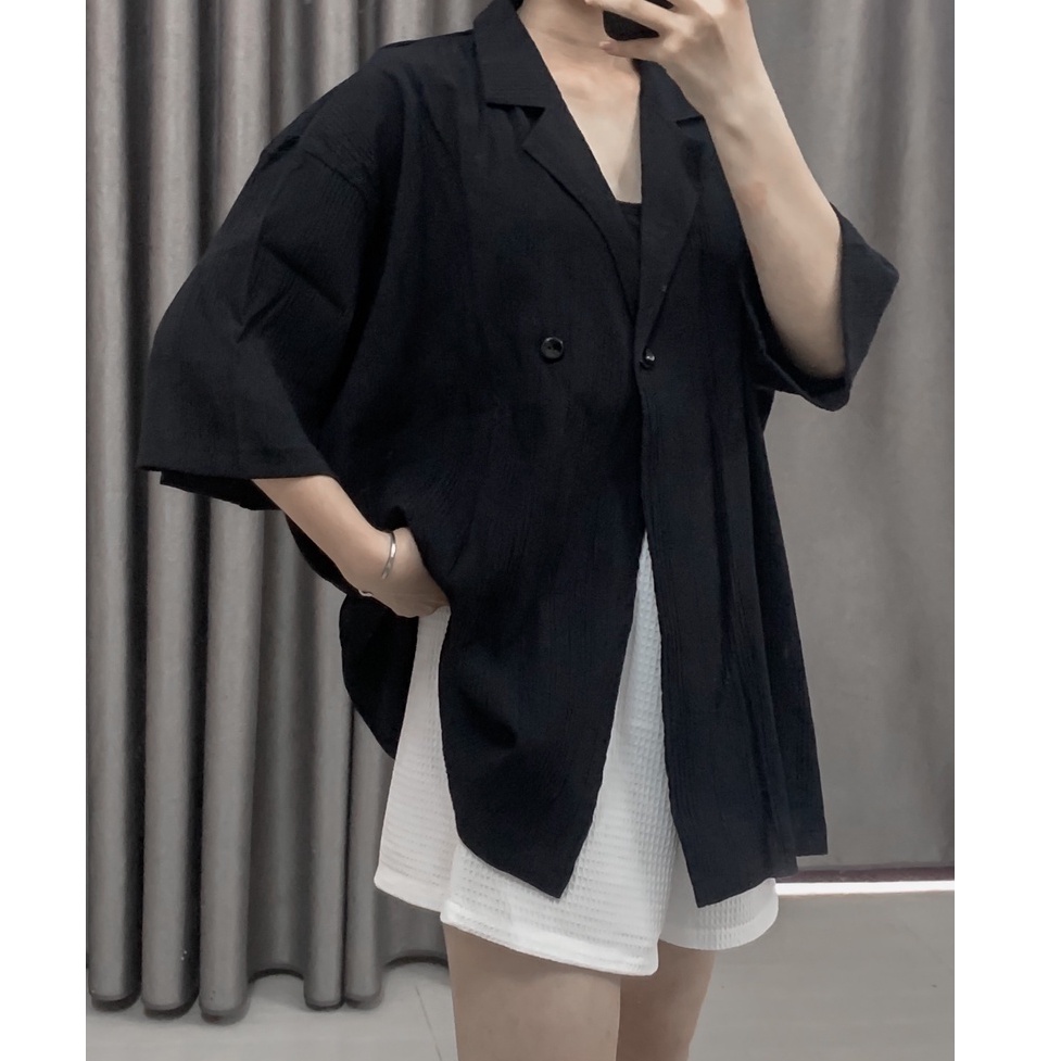 áo sơ mi cổ vest tay ngắn dáng rộng cá tính