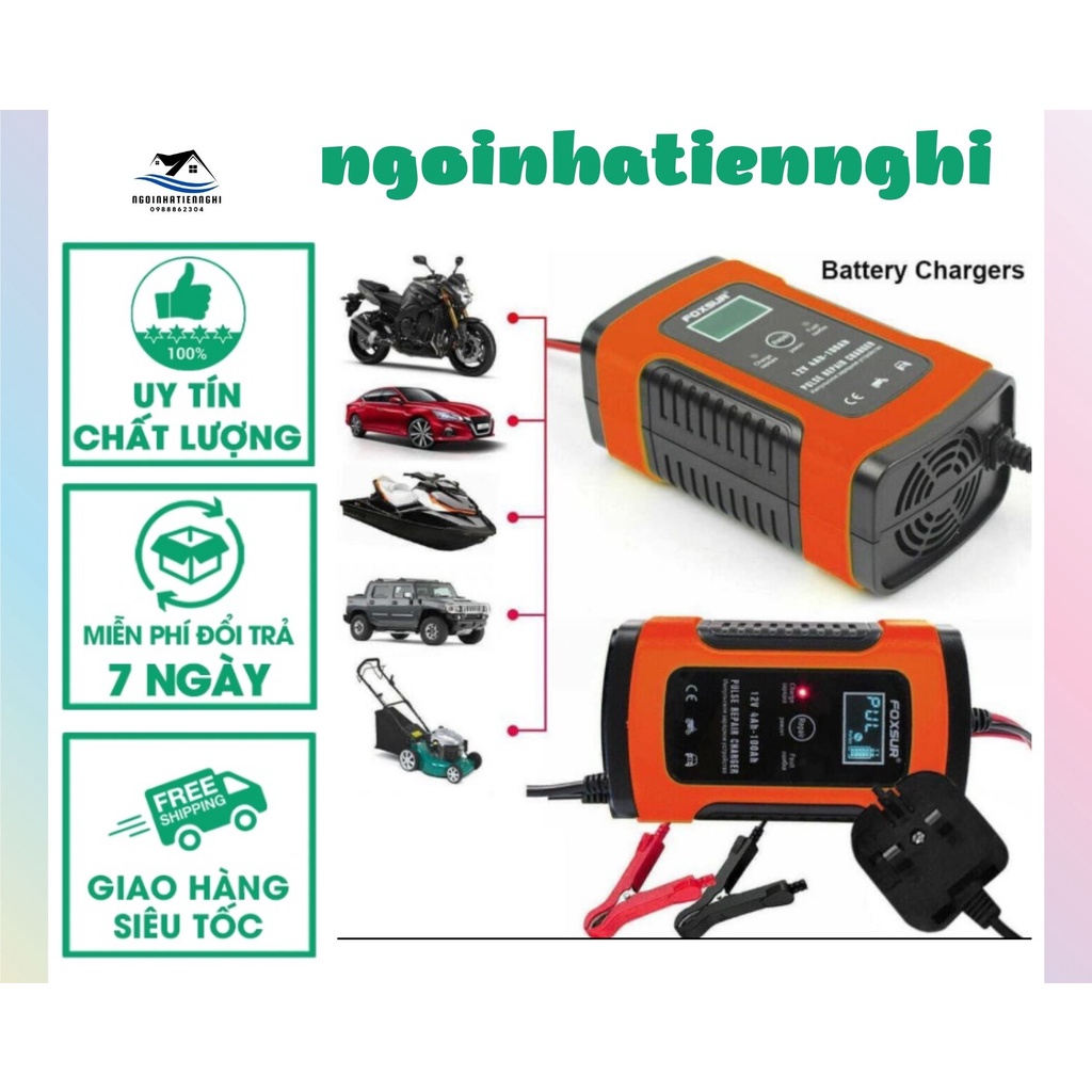 Bộ sạc bình acquy FOXSUR sạc nhanh tự động ngắt ngược cực ngắn mạch khử sunfat phục hồi bình yếu