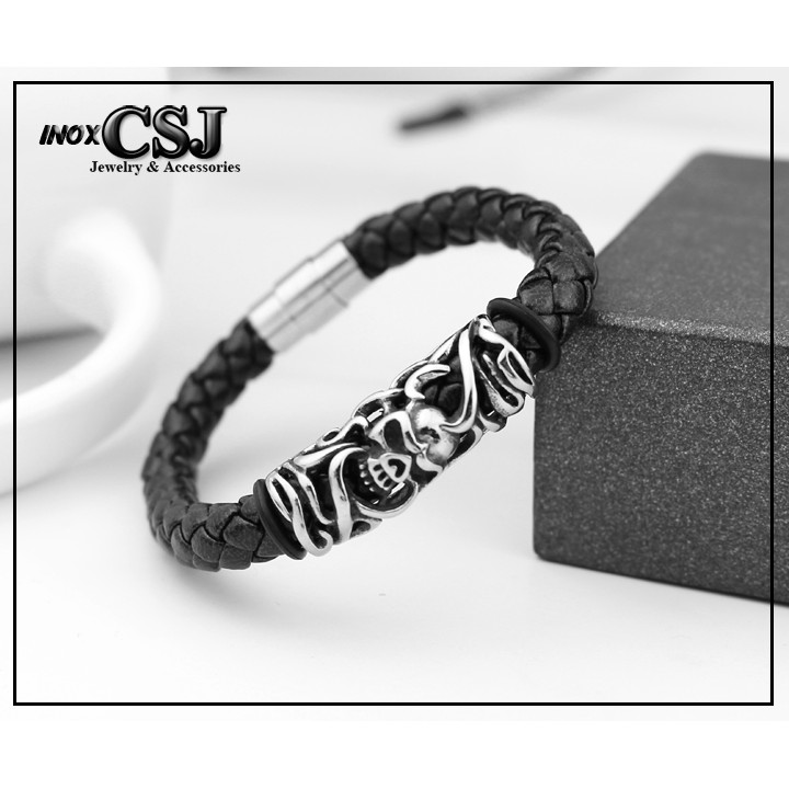 vòng tay da xịn khóa inox vip kiểu đầu lâu siêu ngầu - 03 mẫu