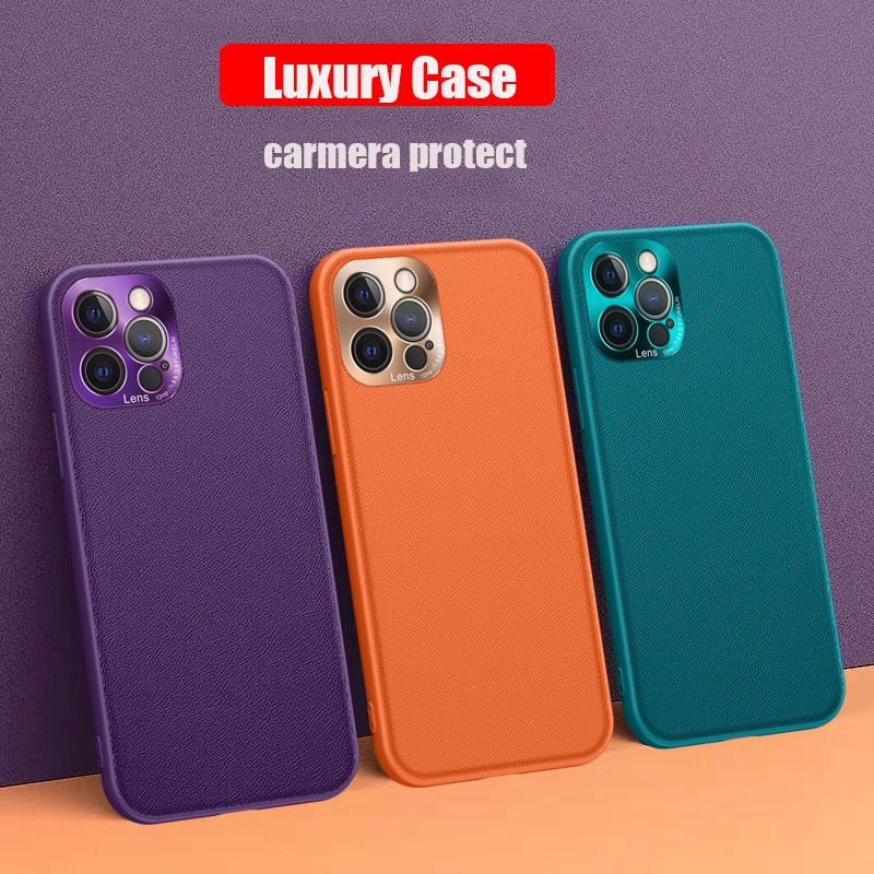 Ốp điện thoại da thật ôm khít bảo vệ ống kính camera kim loại thích hợp cho iPhone 13 Pro Max Mini 12 11 Pro Max