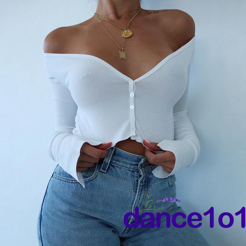 Áo croptop tay dài thiết kế cổ chữ v quyến rũ thời trang cho nữ