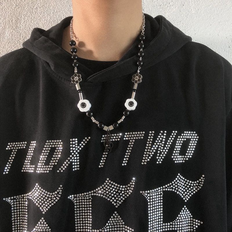 Vòng cổ thép titan hình hoa cúc và nốt nhạc phối ngọc trai thời trang hiphop cho nam nữ
