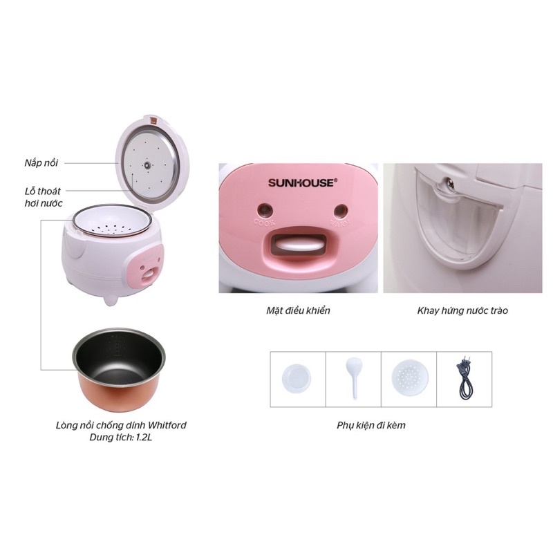 Nồi cơm điện Sunhouse SHD8217W, Công suất 500W, Dung tích 1.2 lít