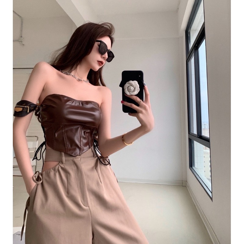 Áo corset da PU cột eo
