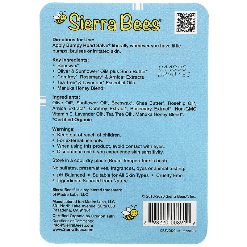 Sáp bôi hữu cơ giảm sưng ngứa cho bé muỗi đốt côn trùng cắn Hàng-Mỹ SIERRA-BEES Organic-Bumpy-Road-Salve