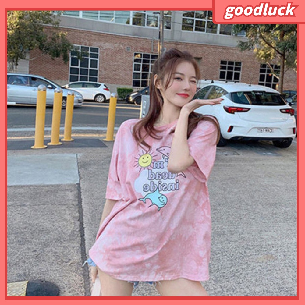 Áo thun tay ngắn nữ Cổ Tròn Tay Ngắn Phối Màu In Hoa