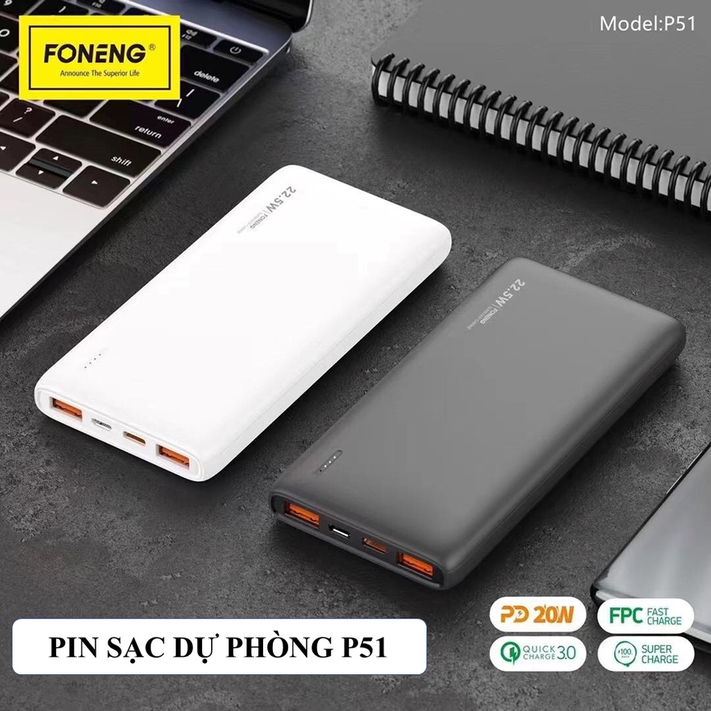 Sạc Pin Dự Phòng Foneng 10.000mAh P51- Sạc Nhanh PD 22.5W - Chính hãng Bảo Hành 12 Tháng