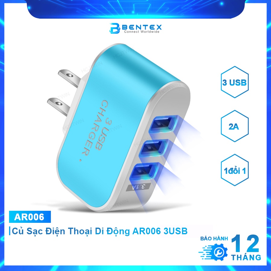 Củ Sạc Điện Thoại Di Động AR006 3USB LED 2A Tiêu Chuẩn Châu Âu Đốc Sạc Thông Minh An Toàn Cho Mọi Thiết Bị - BENTEX
