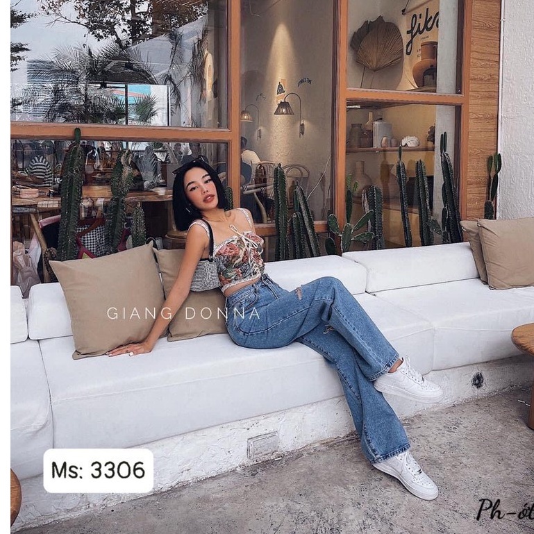 Quần Jean Nữ Aiori Ống Rộng Lưng Cao Trơn Rách Ngang Gối Bò Suông Phong Cách Thời Trang Hàn Quốc_Mã 3306