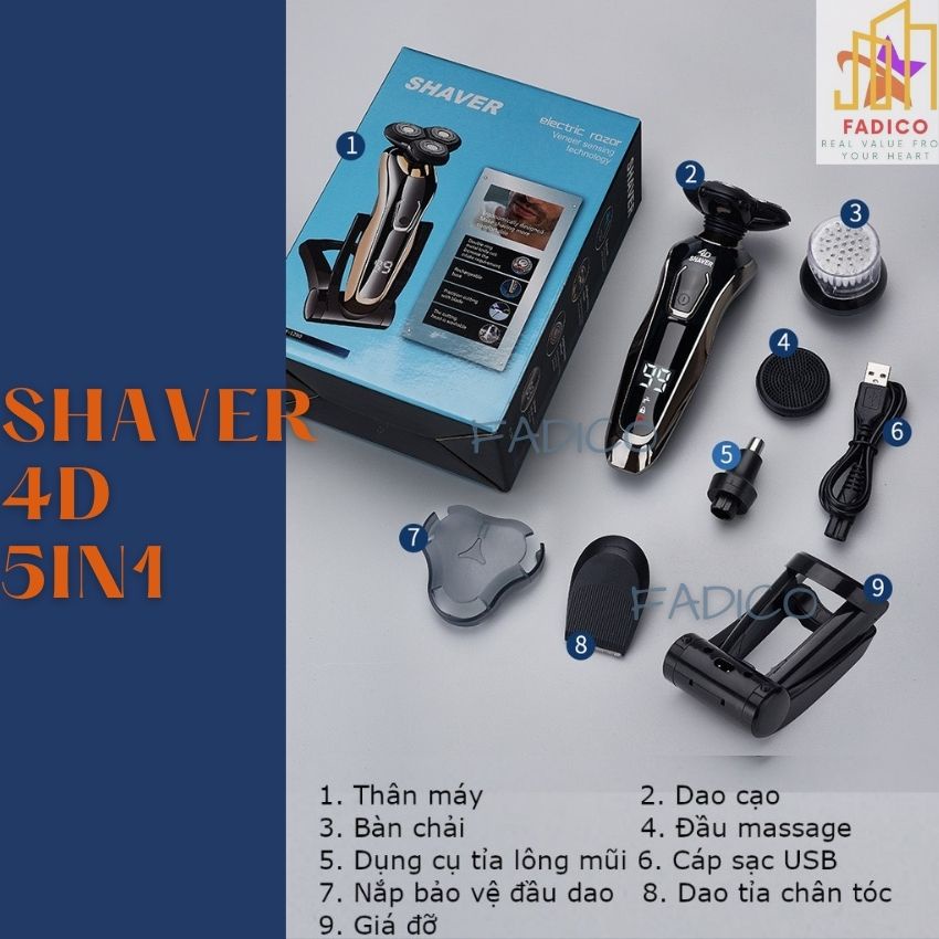 [HCM]Máy cạo râu đa năng Shaver 4D 5in1, Máy cạo râu thông minh cổng sạc USB-FADICO