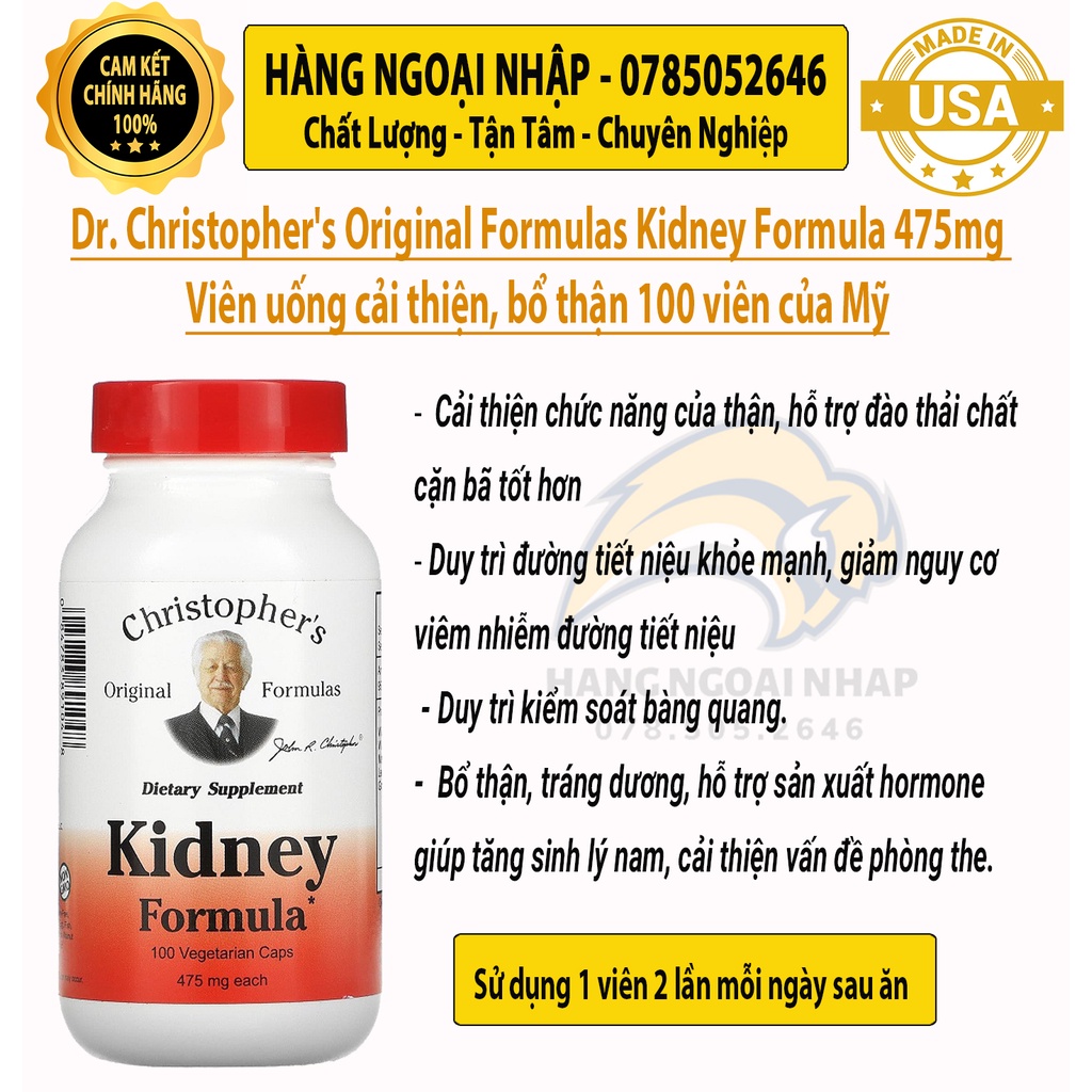 Dr. Christopher's Original Formulas Kidney Formula 475mg Viên Uống Bổ Thận 100 viên
