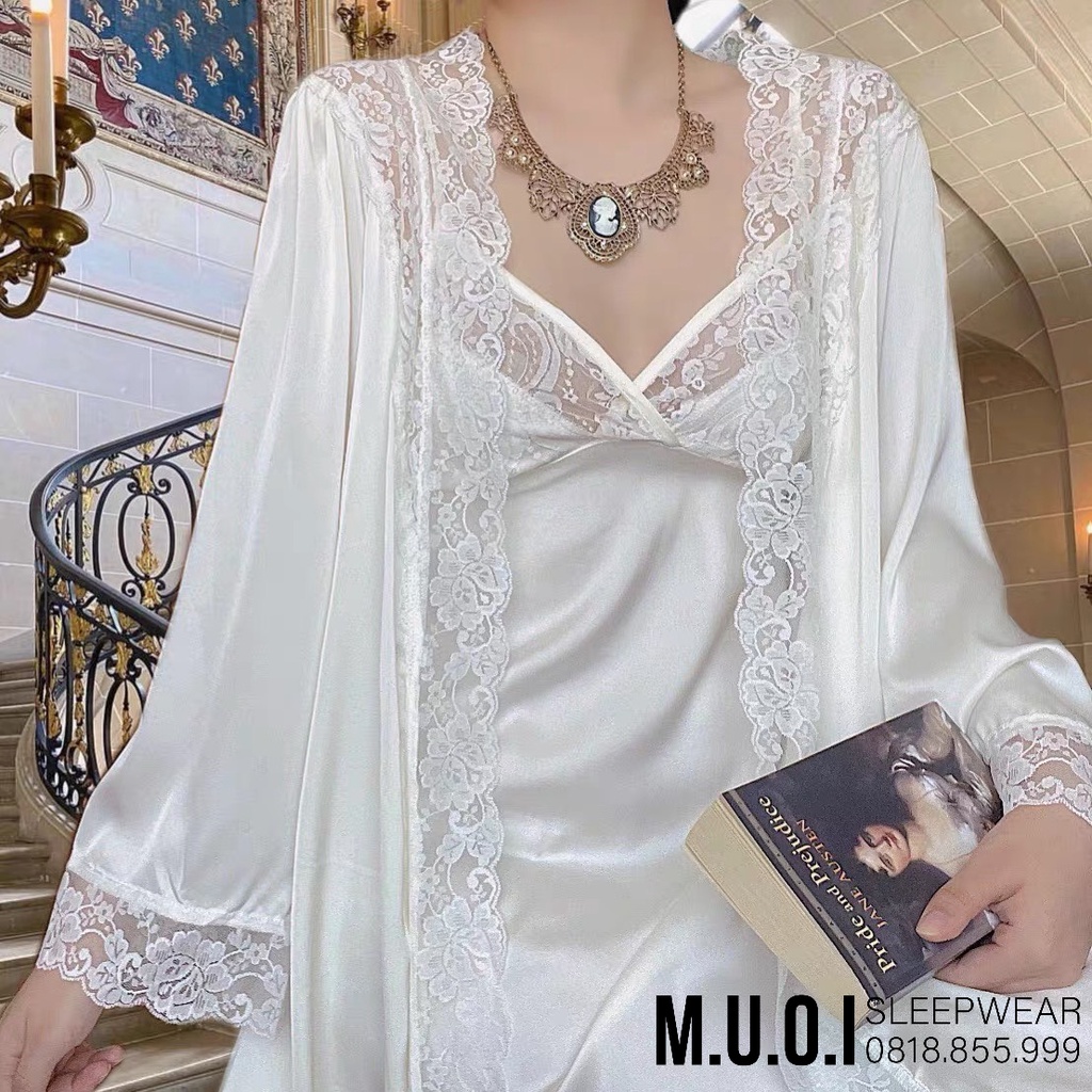 [FREESHIP] Set váy ngủ lụa kèm choàng viền ren ánh nhũ SX 125 - MIEMMOC QUẢNG CHÂU cao cấp- Sẵn( video+ảnh thật)