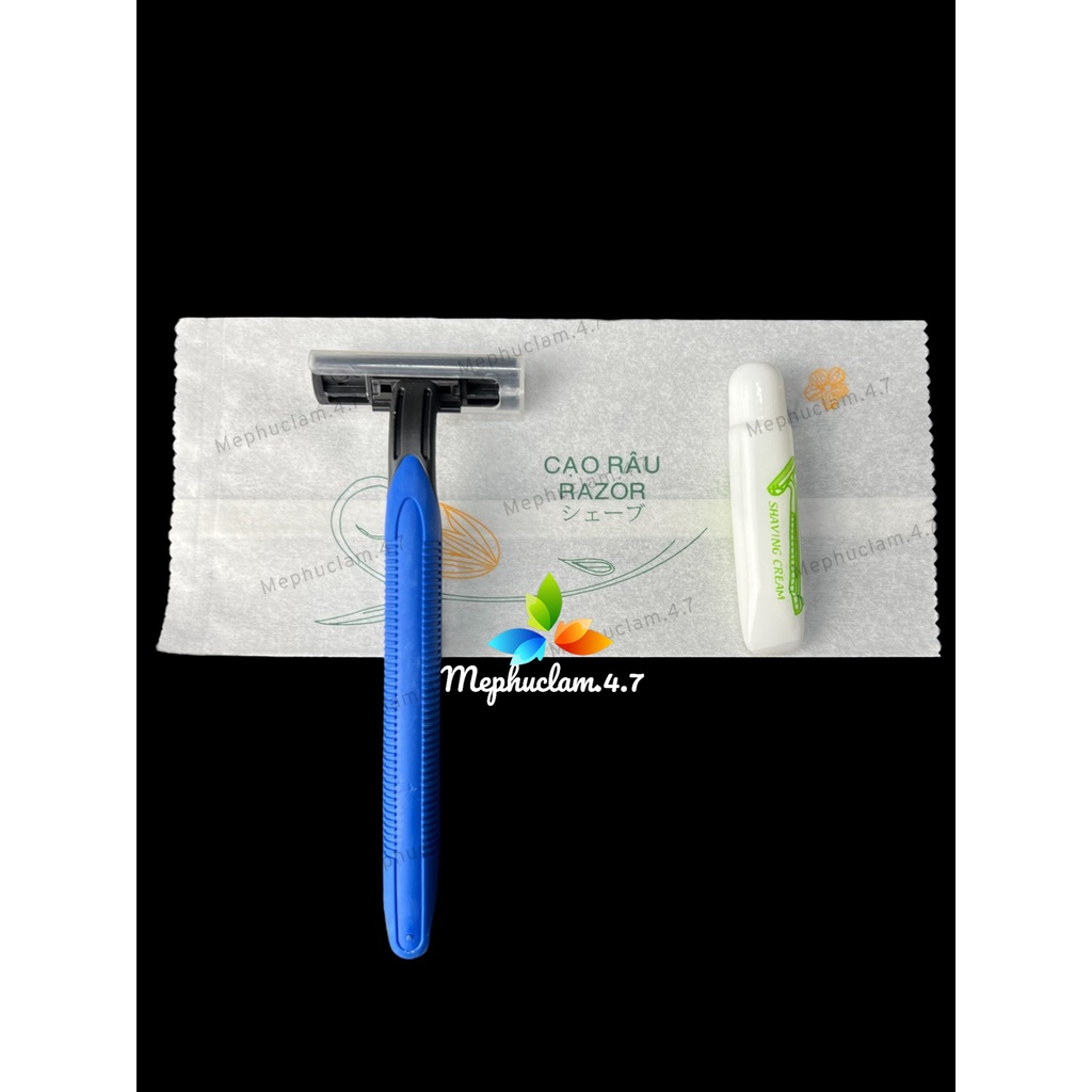 100 dao cạo râu cán cao su xanh dương kèm kem cạo đút túi giấy hoa in chữ tự hủy cho khách sạn, nhà nghỉ,...