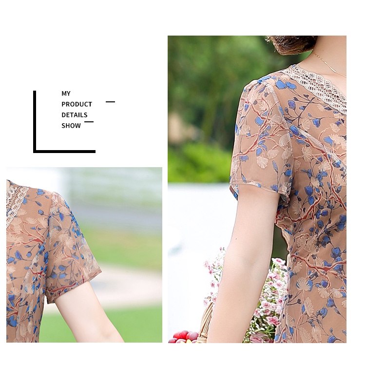 Đầm Chiffon Tay Ngắn In Hoa Phong Cách Phương Tây Thời Trang Mùa Hè Mới Cho Phụ Nữ Trung Niên