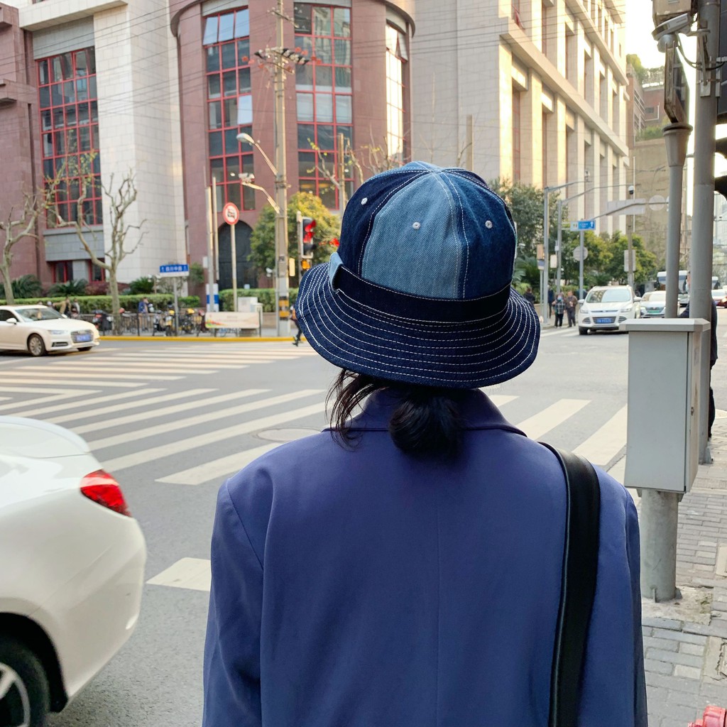 Mũ Bucket denim dây buộc chống gió che nắng phong cách công nghiệp Nhật Hàn