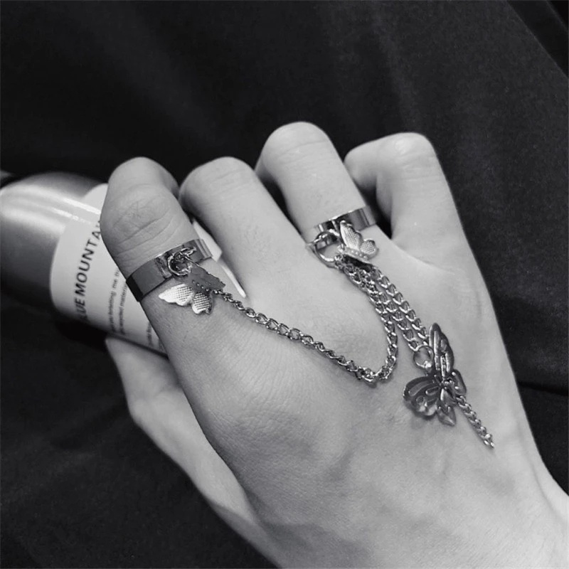 Nhẫn Dạng Hở Phối Dây Xích Hình Bướm Có Thể Điều Chỉnh Phong Cách Hip hop Thời Trang