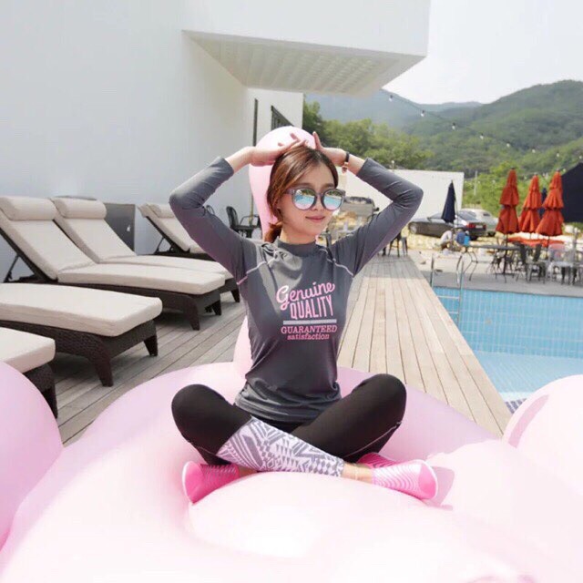 Đồ bơi bikini nữ dài tay quần dài xám chữ hồng chống nắng hàng nhập QC siêu xinh