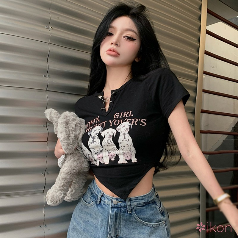 Áo Thun Nữ Cổ Tròn In Chữ Và Hình Động Vật Phong Cách Hàn Quốc