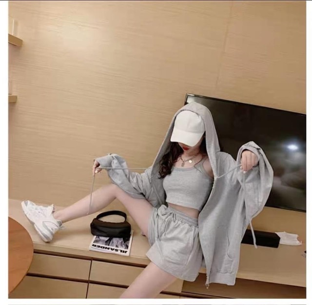 SET THỂ THAO 3 MÓN ( ÁO KHOÁC NỈ MŨ + ÁO 2 DÂY CRT + QUẦN SOOC CHUN ) | BigBuy360 - bigbuy360.vn