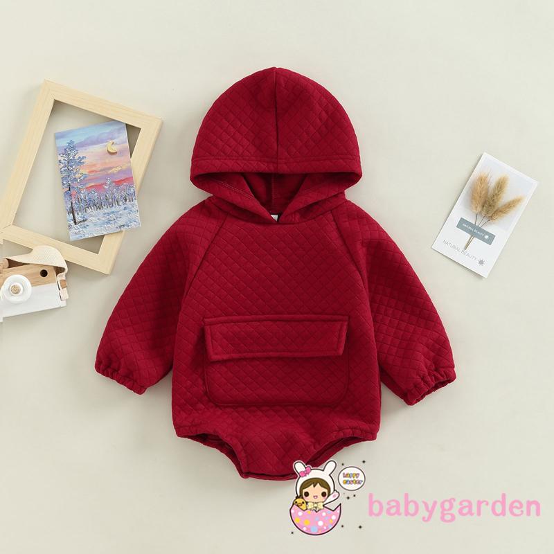 Bộ Áo Liền Quần Dài Tay Có Mũ Trùm Màu Trơn Phối Túi Trước Thời Trang Thu Đông Cho Bé Từ 0-24 Tháng Tuổi