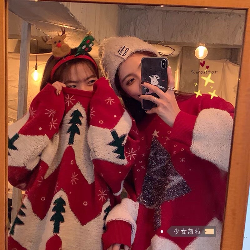 Áo len đỏ cây thông Noel xinh xắn, ấm áp phong cách Hàn Quốc