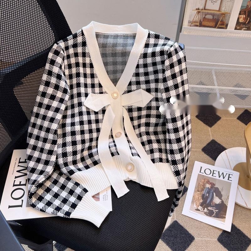 Áo Khoác Cardigan Dệt Kim Cổ Chữ V Thắt Nơ Họa Tiết Sọc Caro Thời Trang Mùa Thu