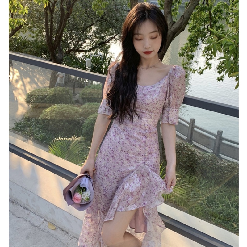 Đầm Maxi Tay Ngắn Hoạ Tiết Hoa Thiết Kế Xẻ Quyến Rũ