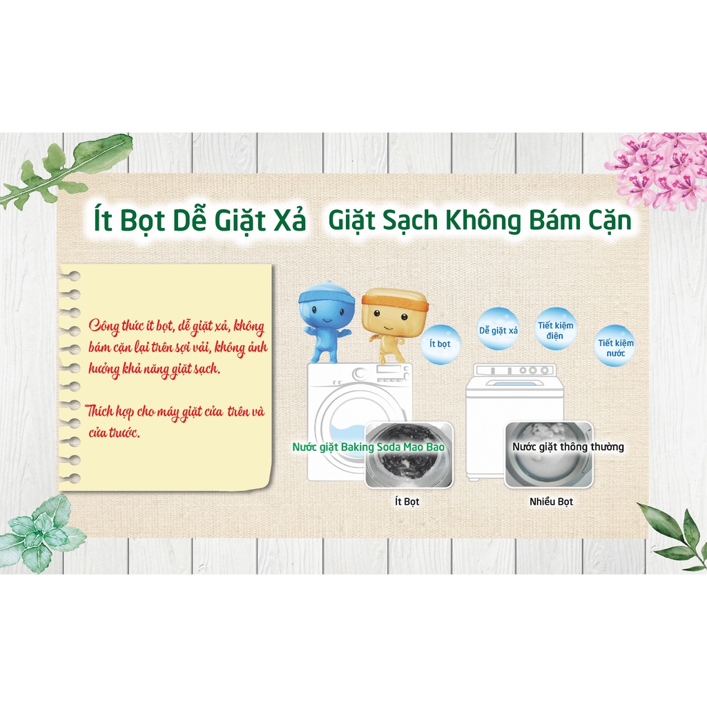 Nước giặt khử mùi Baking soda Mao Bao 2Kg cho da nhạy cảm, ít bọt dễ giặt xả, dùng cho cửa trên và cửa trước