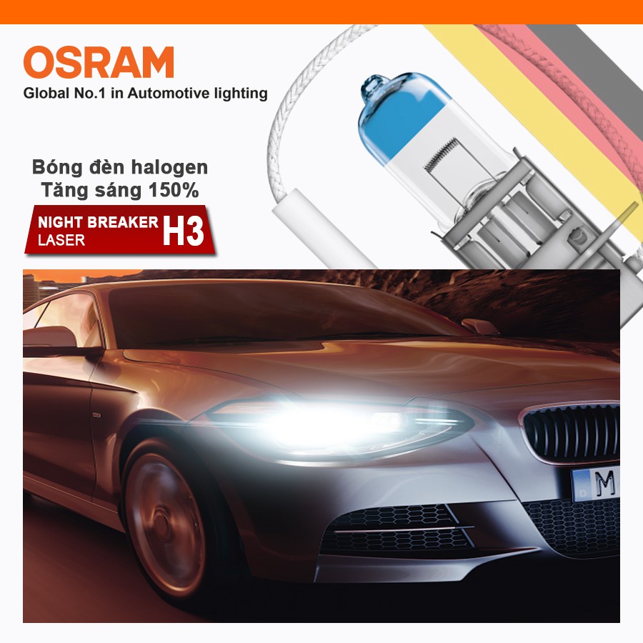 Combo 2 Bóng Đèn Halogen Tăng Sáng 150% OSRAM Night Breaker Laser H3 12V 55W - Nhập Khẩu Chính Hãng