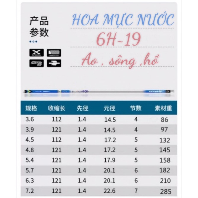 Cần câu tay hoa mực nước 3m6, 4m5, 5m4, 6m3, 7m2, 8m1, 9m độ cứng 6h, phân bố lực 19, cần câu đơn đài, cần chính hãng