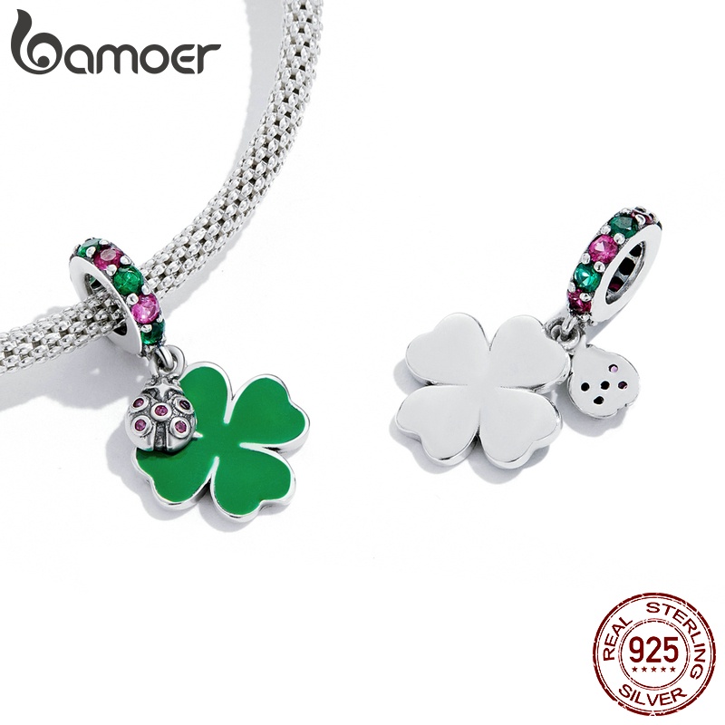 Hạt xỏ lỗ BAMOER SCC2187 bạc 925 hình cỏ bốn lá và bọ cánh cứng làm vòng tay DIY