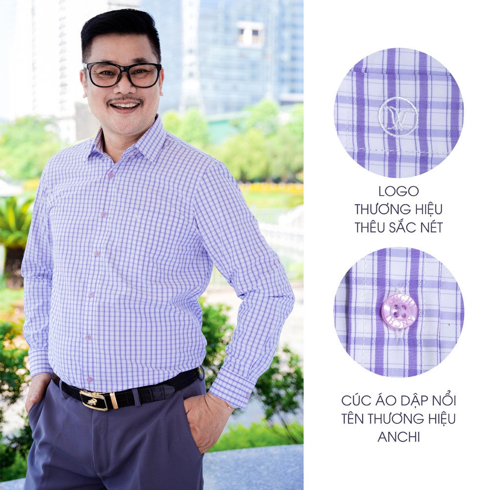 Áo Sơ Mi Nam Dài Tay Trung Niên ANCHI Sợi Tre Hoạ Tiết Caro Bamboo Tím