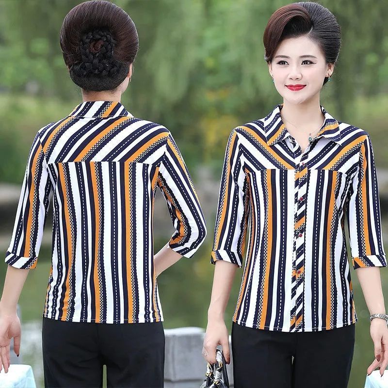 Áo Sơ Mi Lụa Lạnh Dáng Dài Họa Tiết Kẻ Sọc Thời Trang Xuân Hè Mới Dành Cho Nữ Trung Niên 40-50 Tuổi 2021