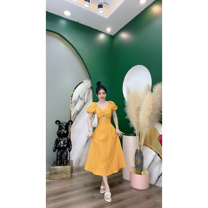 Đầm nữ thời trang mặc đi chơi chất lụa xoắn tay phồng ngắn cổ V phối hở eo váy xoè xếp ly phong cách Hàn Quốc