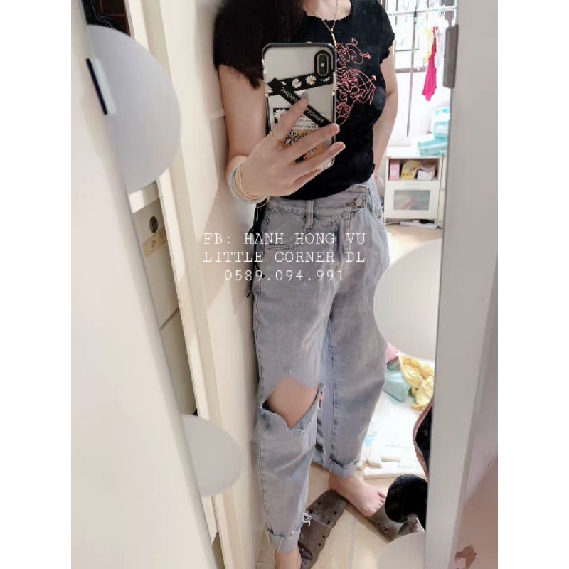 Quần baggy jean ống suông rách ô lớn bên đùi hai nút đôi lưng đai dày cạp cao form ulzzang kèm ảnh thật hàng sẵn