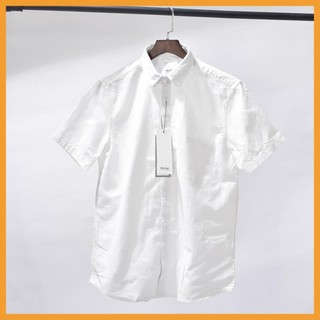 Áo sơ mi nam Routine màu trắng tay ngắn cổ bẻ không túi vải Oxford 100% cotton hàng xuất khẩu Hàn Quốc