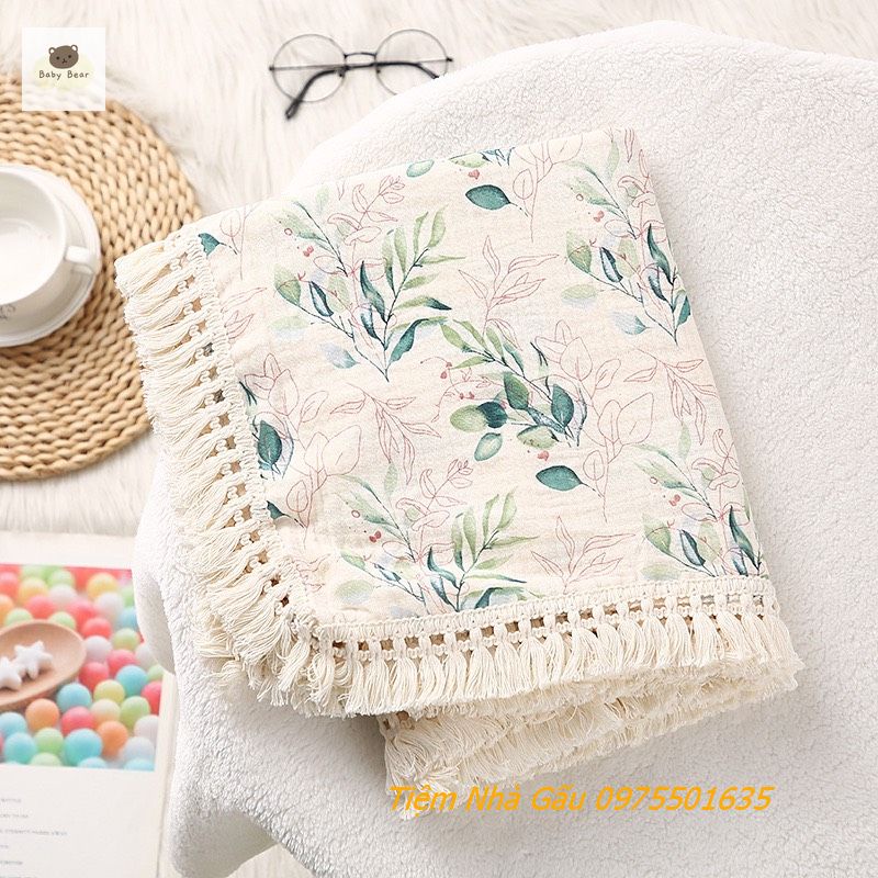 Chăn xô muslin mix viền tua rua cho bé dùng mùa hè kích thước 1m*1.2m dùng lót cũi, lót nền chụp ảnh cho bé