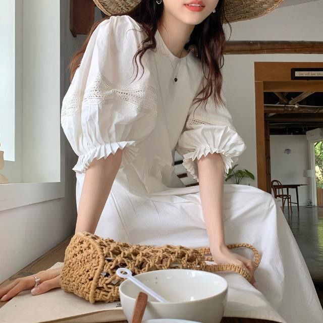 Đầm Tay Phồng Phối Ren Phong Cách Hàn Quốc Thời Trang Mùa Hè Xinh Xắn Cho Nữ