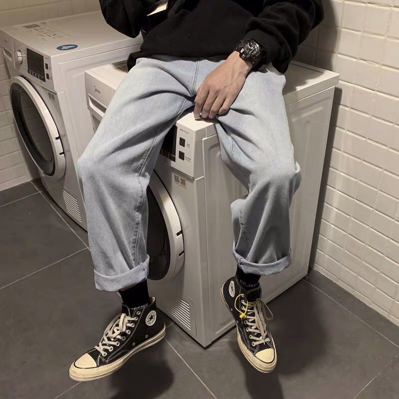 Quần bò jeans ống rộng nam trơn xanh nhạt oversize hiphop Ulzzang siêu chất