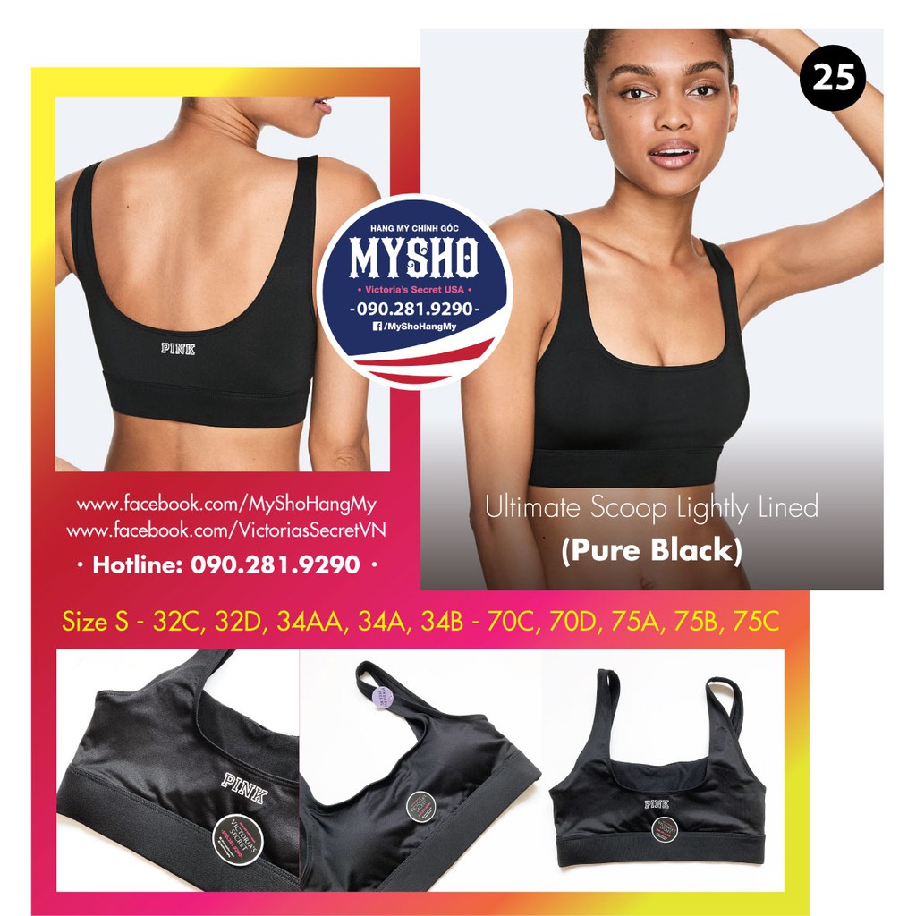 Áo lót thể thao (25) Pure Black, màu đen có mút mỏng, hàng nhập Victoria's Secret, Size S