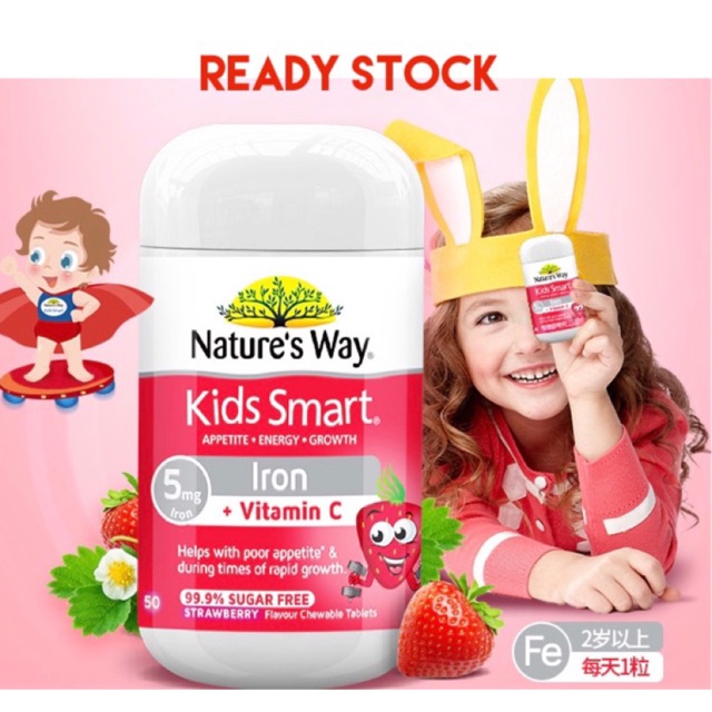 [Hàng chuẩn Úc] Viên nhai bổ sung sắt và vitamin C cho bé Nature's way kids smart iron + vitamin c chewables 50 viên
