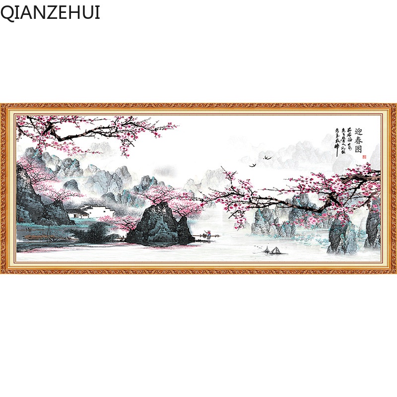 Bộ Tranh Thêu Chữ Thập DIY Hình Phong Cảnh Mùa Xuân Bằng Cotton 11CT