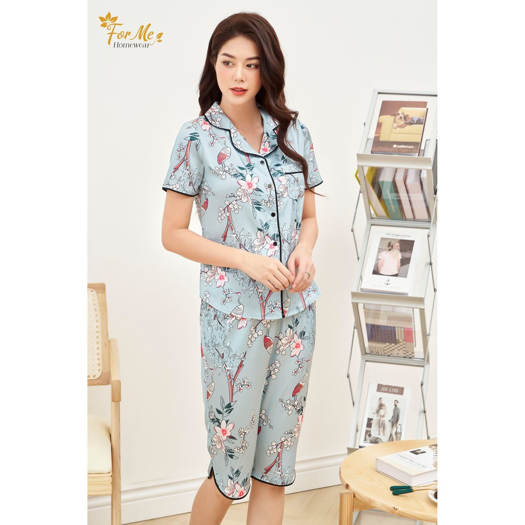 Bộ đồ ngủ, mặc nhà chất Lụa Giấy Luxury QUẦN LỬNG HOA CÔNG ,forme pijama