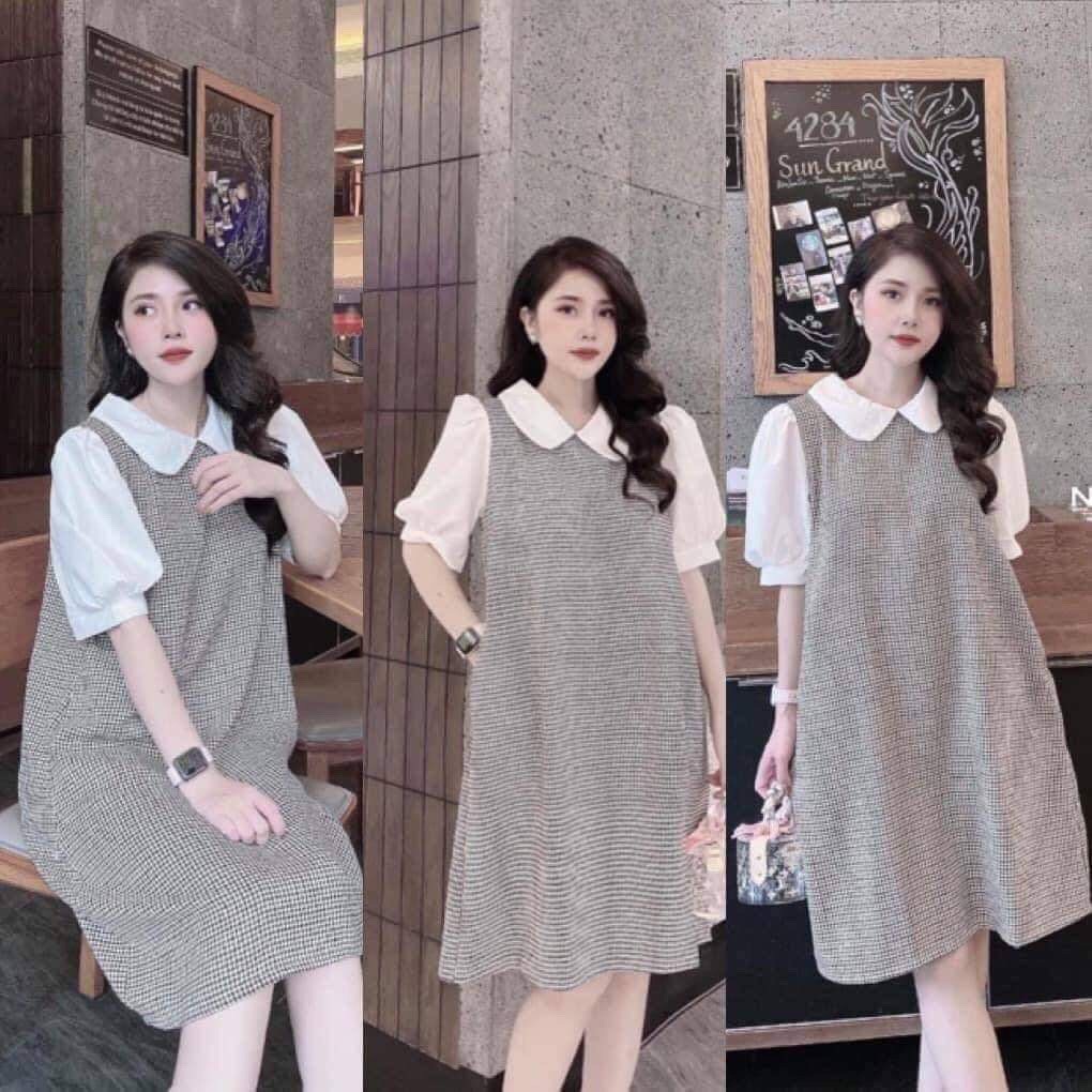 Váy bầu xinh thiết kế dáng suông công sở cổ sen tròn màu xám đen freesize 45-70kg