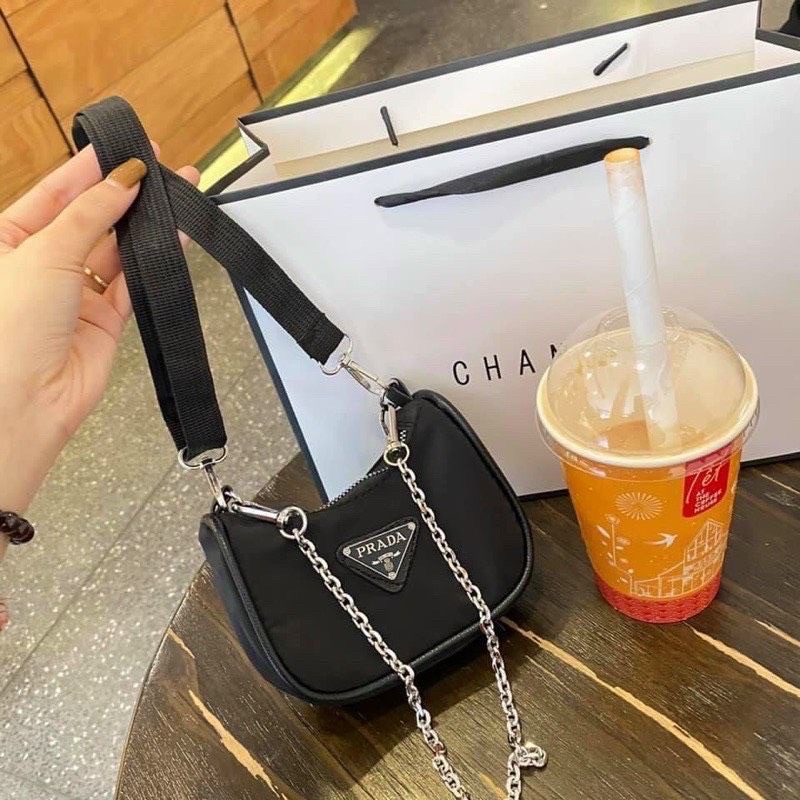 ⚡︎Freeship⚡︎ TÚI ĐEO VAI NỮ PRADA, Túi Dù Mini Size 12cm kèm dây xích, mã K142
