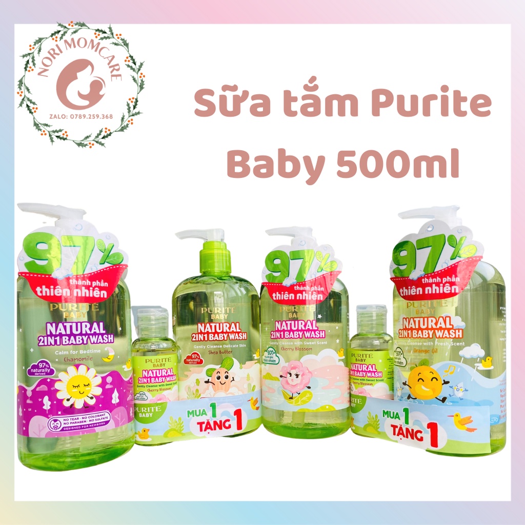 [MUA 1 TẶNG 1] Sữa tắm gội toàn thân thiên nhiên cho bé Purite Baby 2 trong 1 các mùi hương thơm dịu nhẹ 500ml