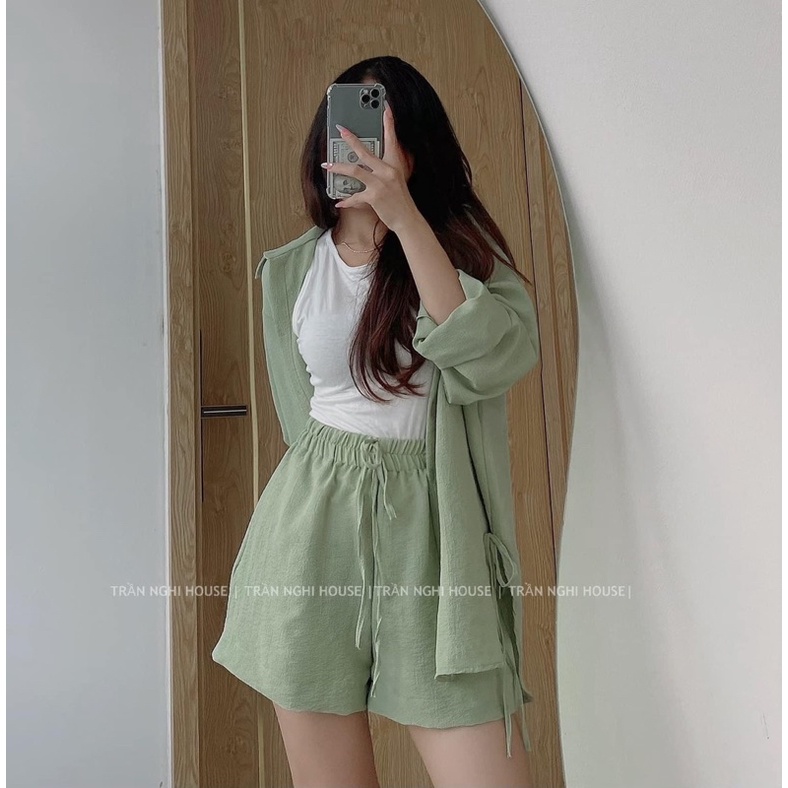 SET 3 MÓN : ÁO SƠ MI + ÁO SÁT NÁCH TRẮNG + QUẦN SHORT LƯNG THUN