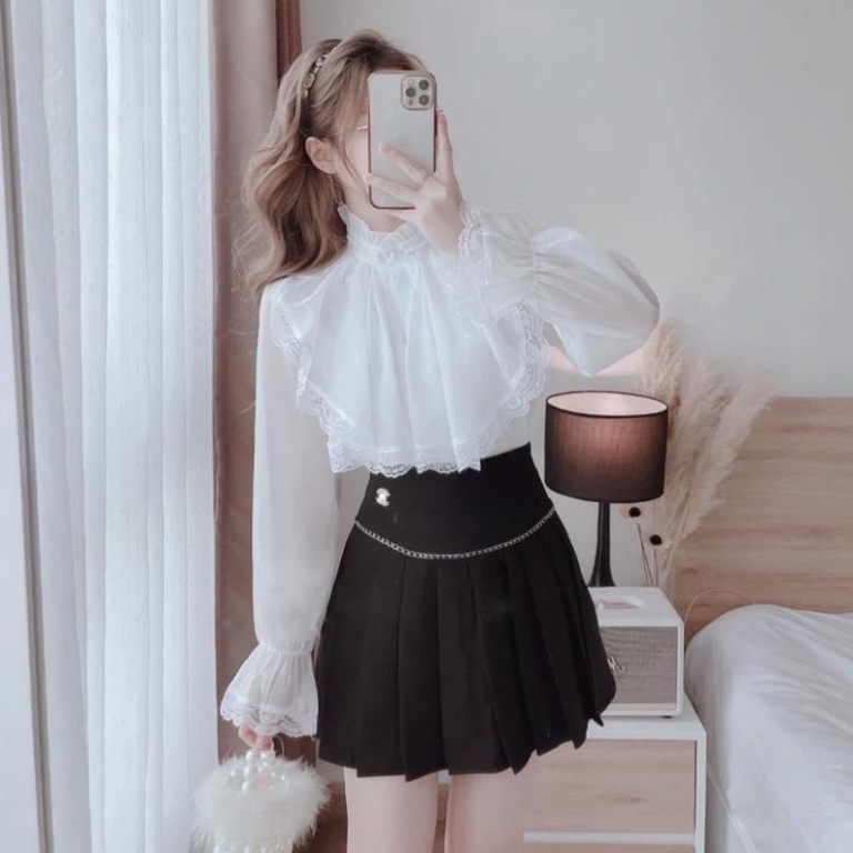 Áo sơ mi tiểu thư 2 lớp diện Tết phối ren, Áo nữ ren tay dài mẫu mới mã 437