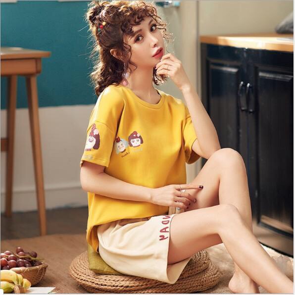 Bộ mặc nhà nữ💖FREESHIP💖Đồ ngủ cotton  màu vàng tươi trẻ mã H03 | BigBuy360 - bigbuy360.vn