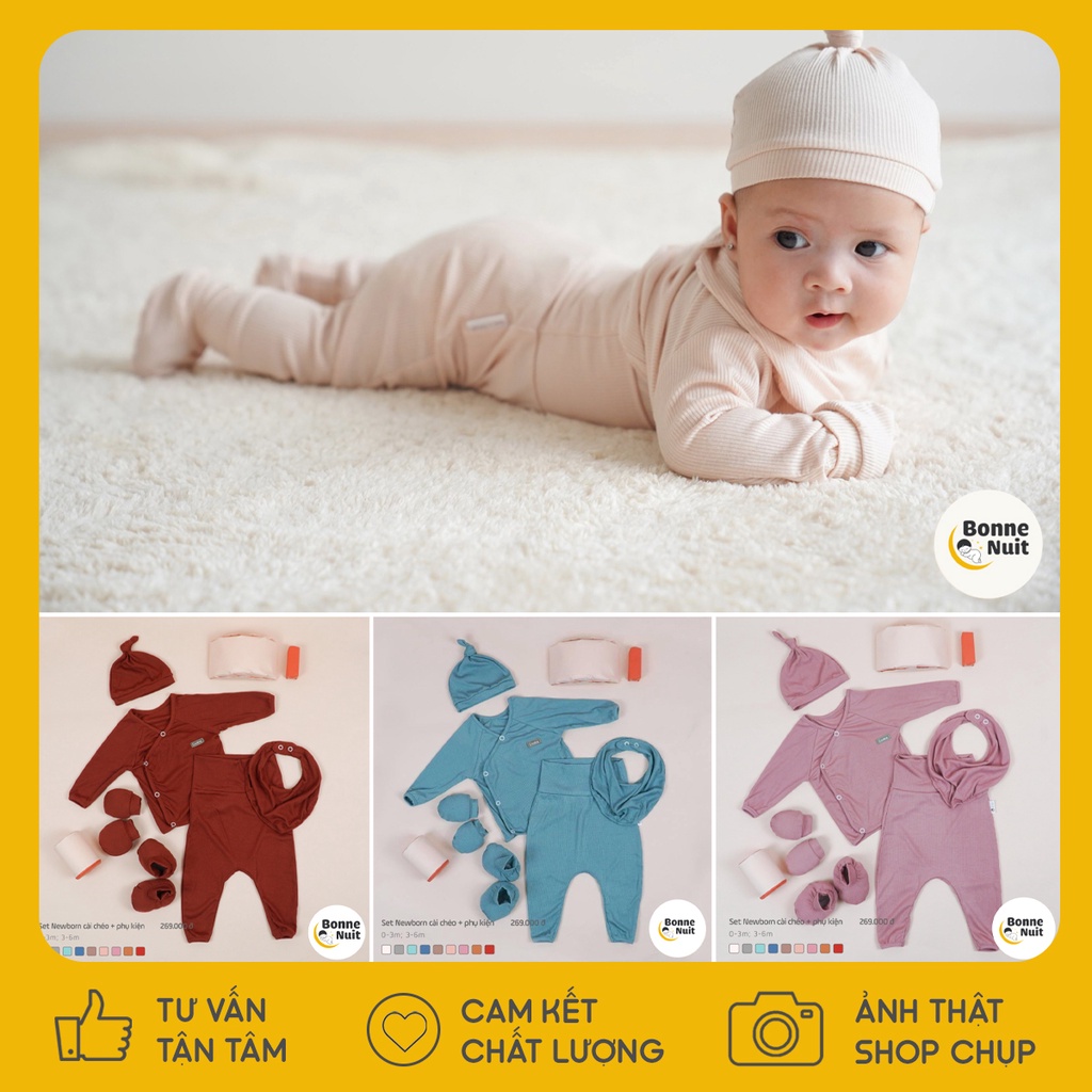 Set Newborn cài chéo Cookie đầy đủ phụ kiện chất liệu cotton mềm cho bé sơ sinh